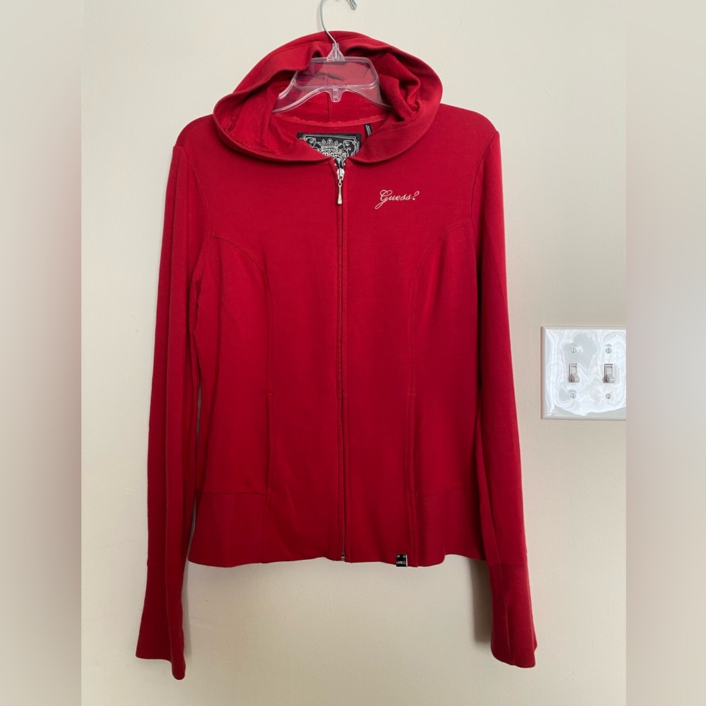 Guess Women L Full Zip Hoodie Sweatshirt Rhinestone Stitched Logo Terry Modal